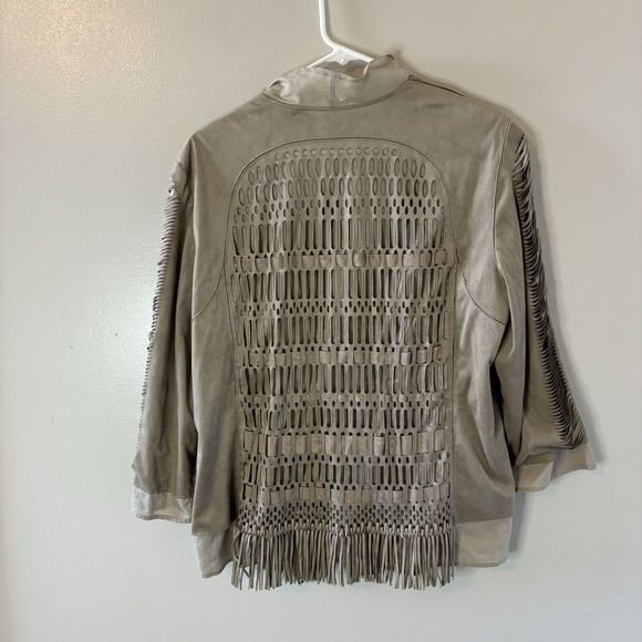 Chico’s Brown Tan Faux Suede Open Front Fringe Jacket Boho Western Sz 2 L… - Picture 6 of 8